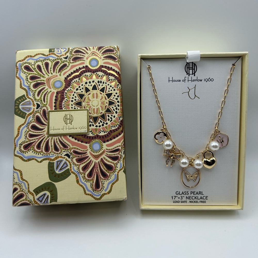 *New* House of Harlow 1960 Gold and Pearl Charm Necklace - Picture 2 of 5